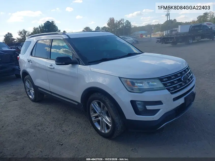 FORD EXPLORER 2016, VIN 1FM5K8D84GGA22403