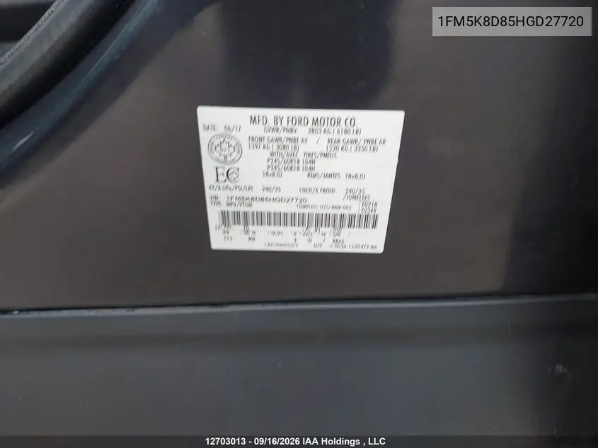 2017 FORD EXPLORER VIN 1FM5K8D85HGD27720 — фото 9