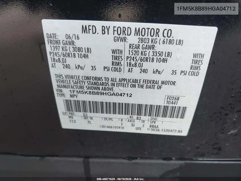 2017 FORD EXPLORER VIN 1FM5K8B89HGA04712 — фото 9