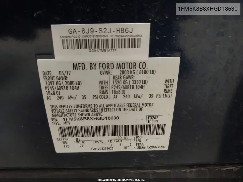 2017 FORD EXPLORER VIN 1FM5K8B8XHGD18630 — фото 9