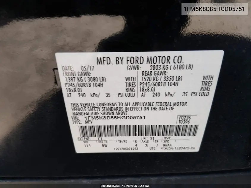 2017 FORD EXPLORER VIN 1FM5K8D85HGD05751 — фото 9