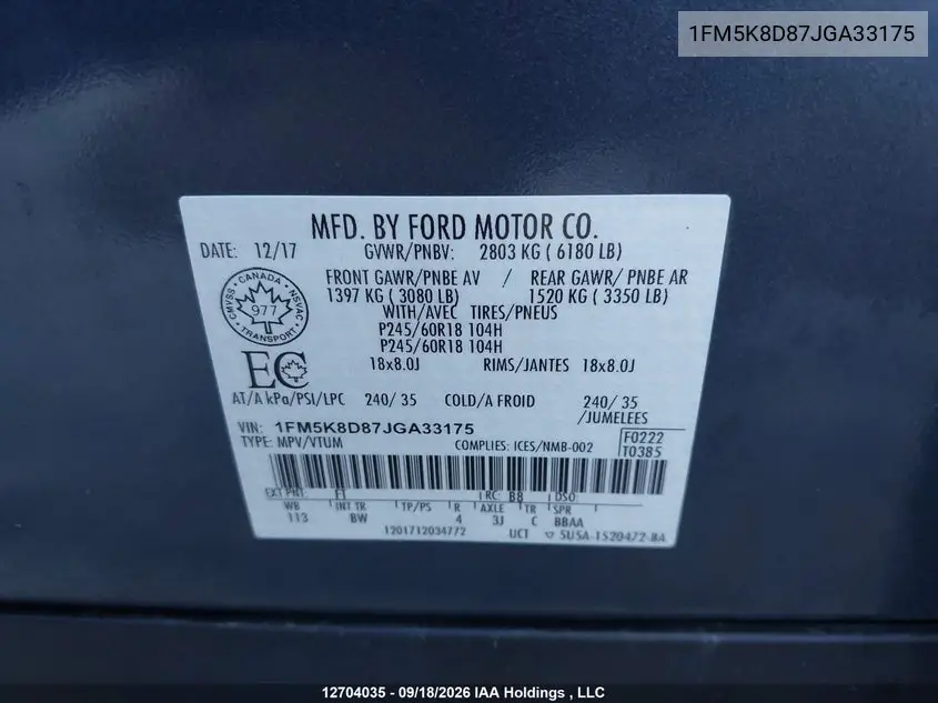 2018 FORD EXPLORER VIN 1FM5K8D87JGA33175 — фото 9
