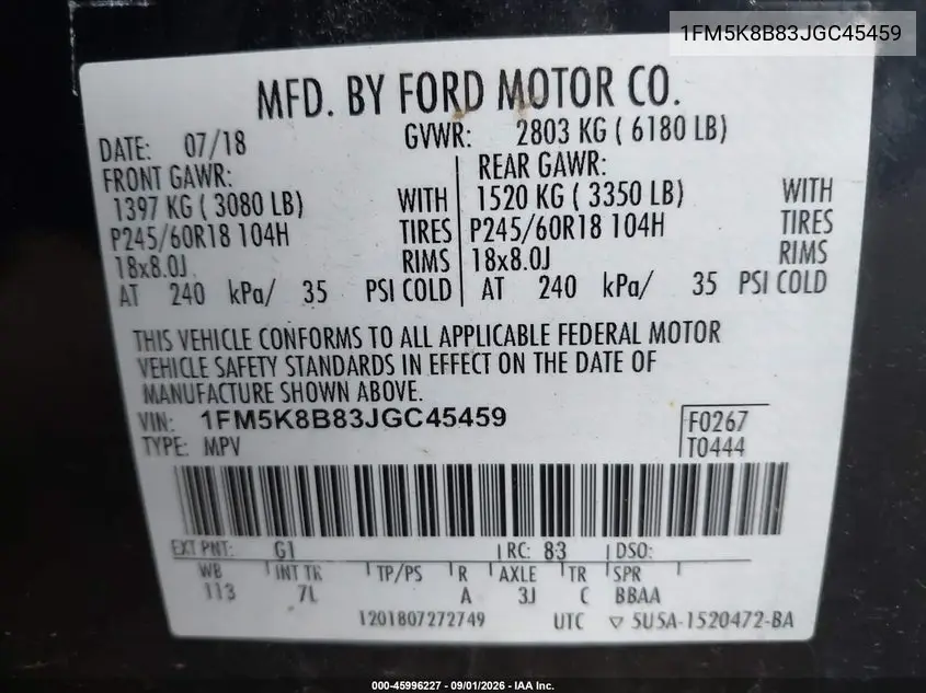 2018 FORD EXPLORER VIN 1FM5K8B83JGC45459 — фото 9
