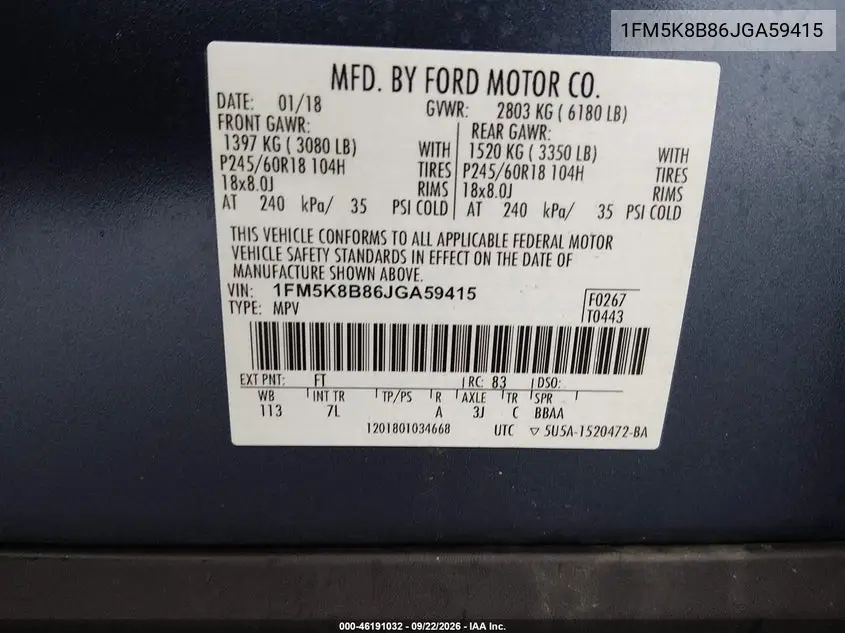 2018 FORD EXPLORER VIN 1FM5K8B86JGA59415 — фото 9