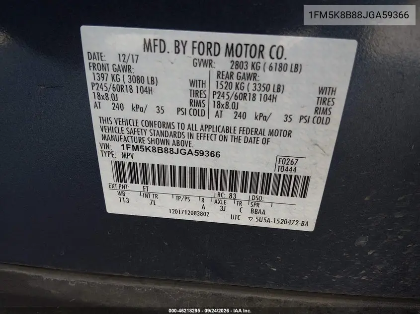 2018 FORD EXPLORER VIN 1FM5K8B88JGA59366 — фото 9