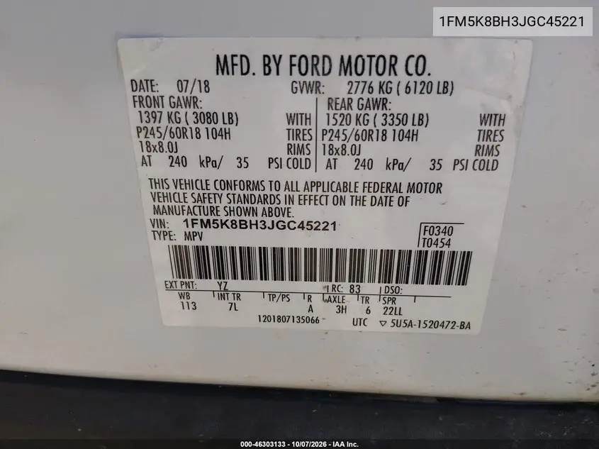 2018 FORD EXPLORER VIN 1FM5K8BH3JGC45221 — фото 9