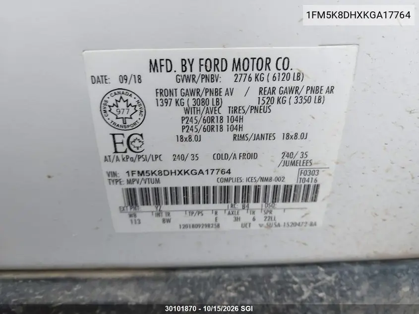 2019 FORD EXPLORER VIN 1FM5K8DHXKGA17764 — фото 9