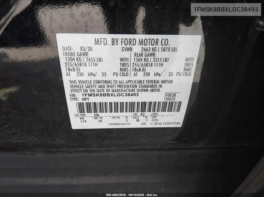 2020 FORD EXPLORER VIN 1FMSK8BBXLGC38493 — фото 9