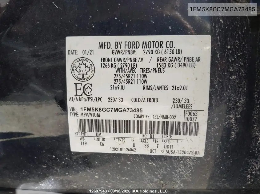 2021 FORD EXPLORER VIN 1FM5K8GC7MGA73485 — фото 9