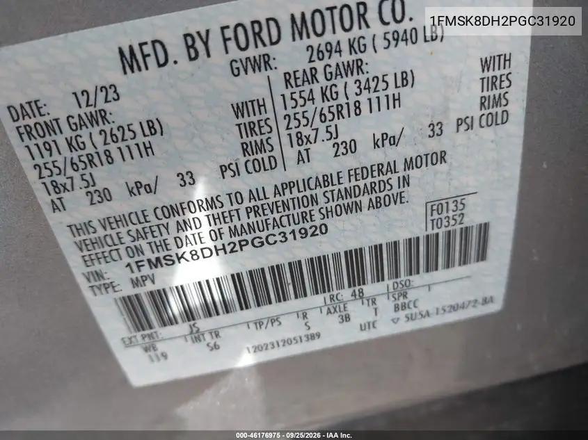 2023 FORD EXPLORER VIN 1FMSK8DH2PGC31920 — фото 9
