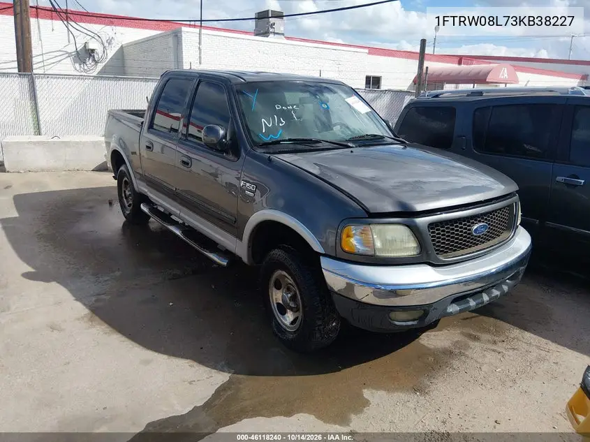 FORD F-150 2003, VIN 1FTRW08L73KB38227
