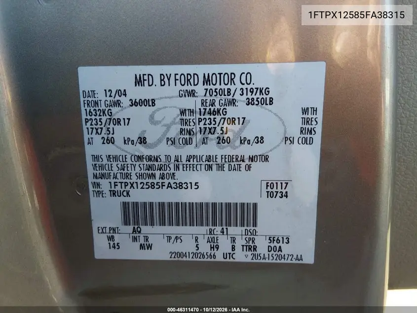 2005 FORD F-150 VIN 1FTPX12585FA38315 — фото 9