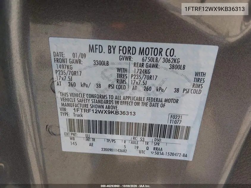 2009 FORD F-150 VIN 1FTRF12WX9KB36313 — фото 7