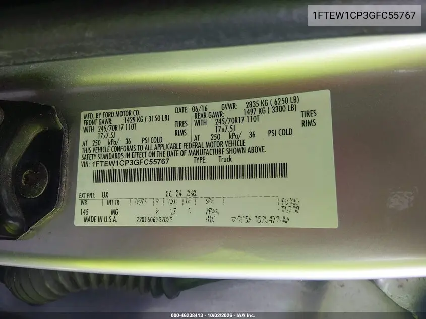 2016 FORD F-150 VIN 1FTEW1CP3GFC55767 — фото 9