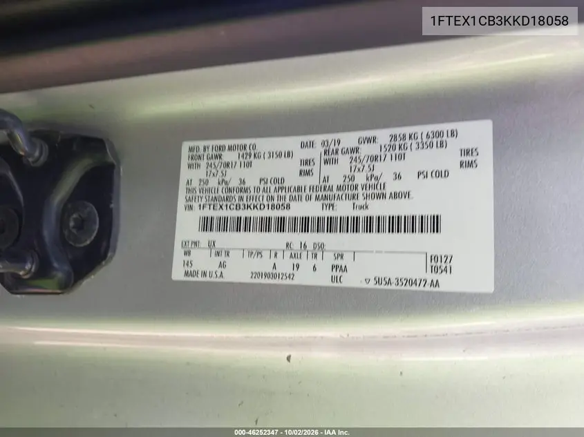 2019 FORD F-150 VIN 1FTEX1CB3KKD18058 — фото 9