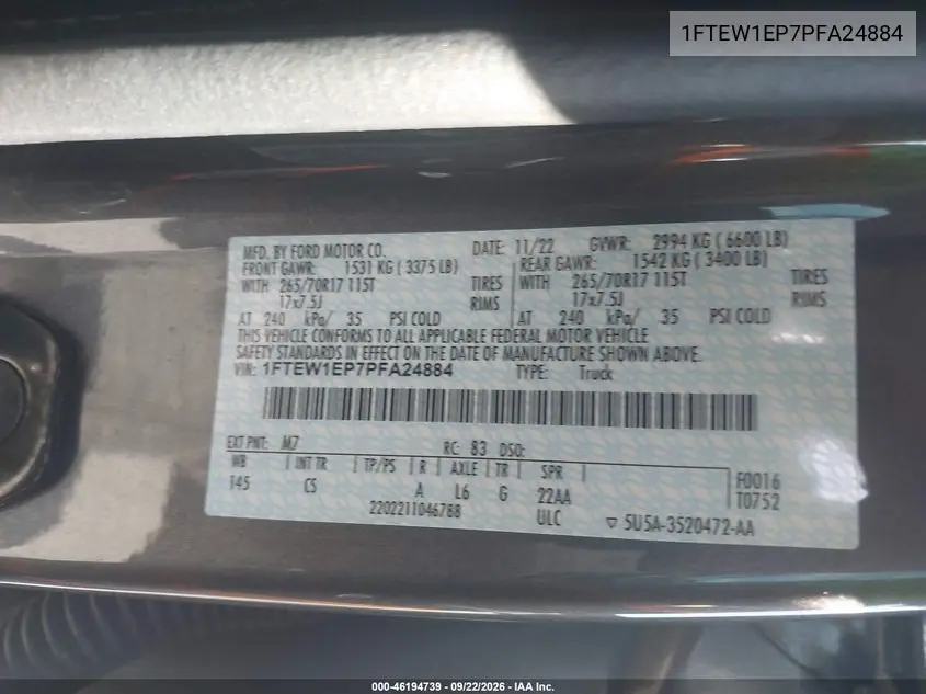 2023 FORD F-150 VIN 1FTEW1EP7PFA24884 — фото 9