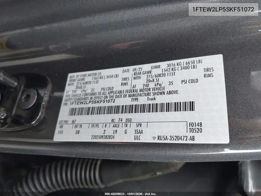 2025 FORD F-150 VIN 1FTEW2LP5SKF51072 — фото 9