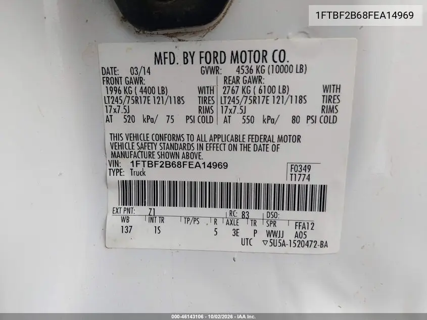 2015 FORD F250 VIN 1FTBF2B68FEA14969 — фото 9