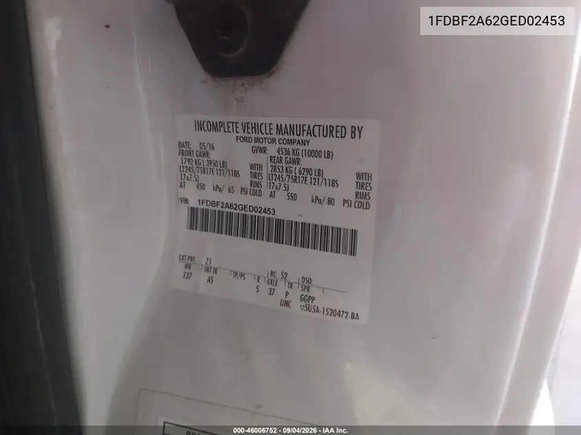2016 FORD F250 VIN 1FDBF2A62GED02453 — фото 9