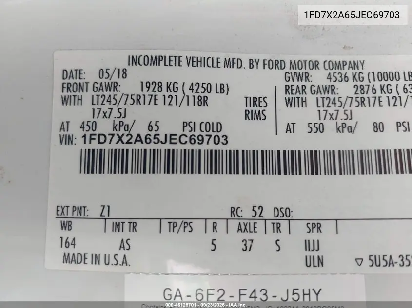 2018 FORD F250 VIN 1FD7X2A65JEC69703 — фото 9