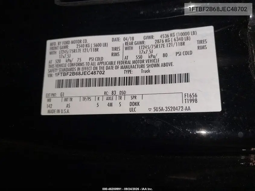 2018 FORD F250 VIN 1FTBF2B68JEC48702 — фото 9