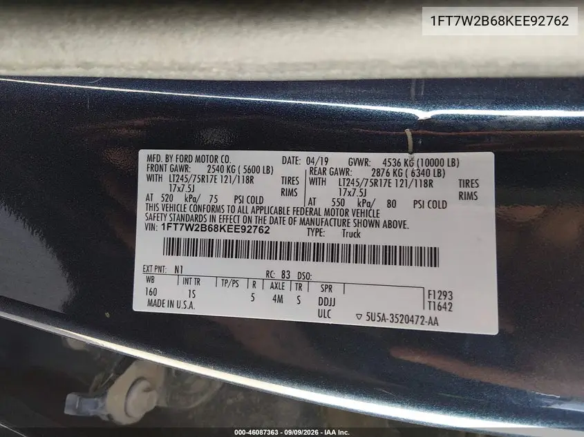 2019 FORD F250 VIN 1FT7W2B68KEE92762 — фото 9
