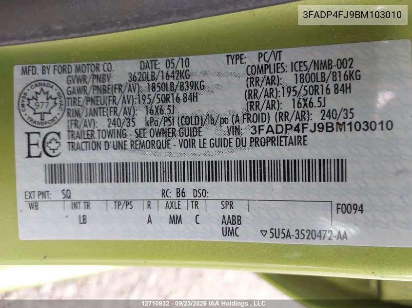 2011 FORD FIESTA VIN 3FADP4FJ9BM103010 — фото 9