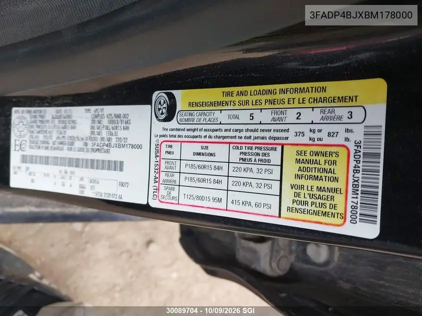 2011 FORD FIESTA VIN 3FADP4BJXBM178000 — фото 9