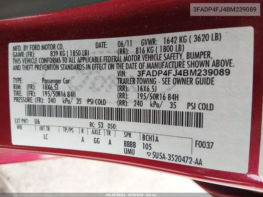 2011 FORD FIESTA VIN 3FADP4FJ4BM239089 — фото 9