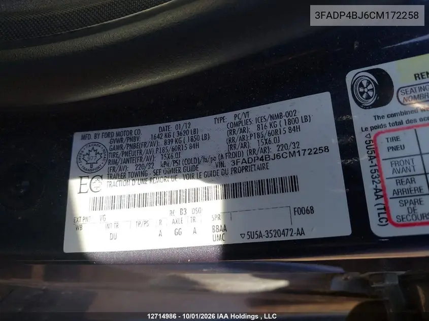 2012 FORD FIESTA VIN 3FADP4BJ6CM172258 — фото 9