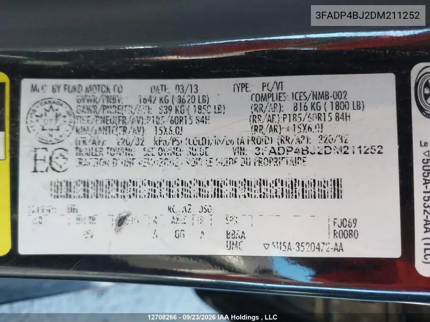 2013 FORD FIESTA VIN 3FADP4BJ2DM211252 — фото 9