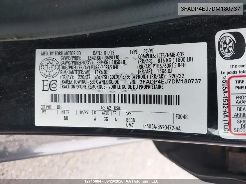 2013 FORD FIESTA VIN 3FADP4EJ7DM180737 — фото 9
