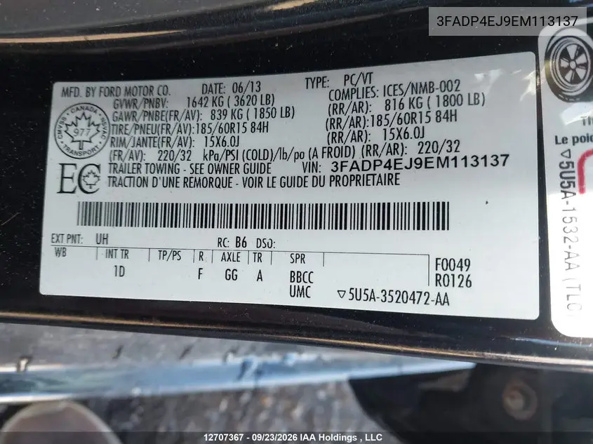 2014 FORD FIESTA VIN 3FADP4EJ9EM113137 — фото 9