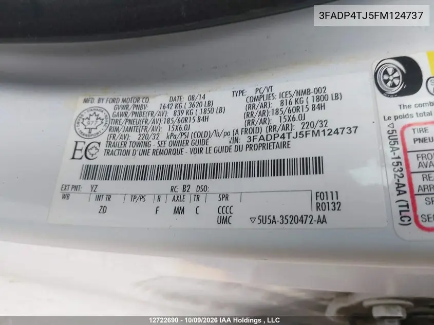 2015 FORD FIESTA VIN 3FADP4TJ5FM124737 — фото 9