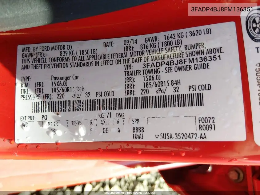 2015 FORD FIESTA VIN 3FADP4BJ8FM136351 — фото 9