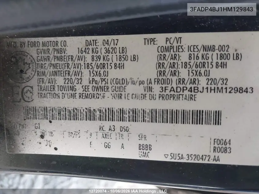 2017 FORD FIESTA VIN 3FADP4BJ1HM129843 — фото 9