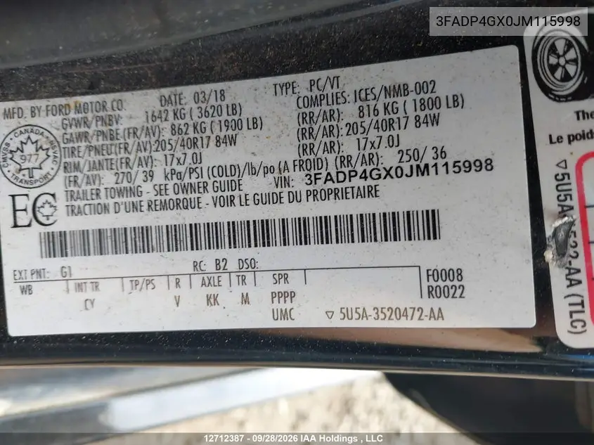 2018 FORD FIESTA VIN 3FADP4GX0JM115998 — фото 17