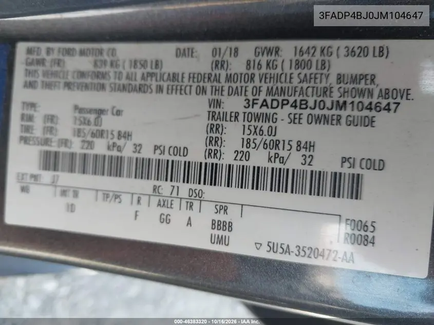 2018 FORD FIESTA VIN 3FADP4BJ0JM104647 — фото 9