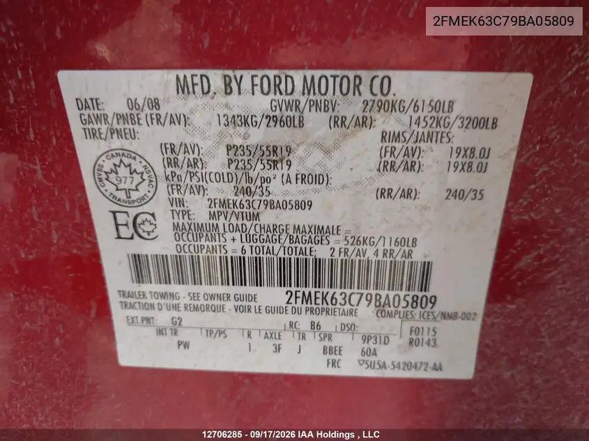 2009 FORD FLEX VIN 2FMEK63C79BA05809 — фото 19