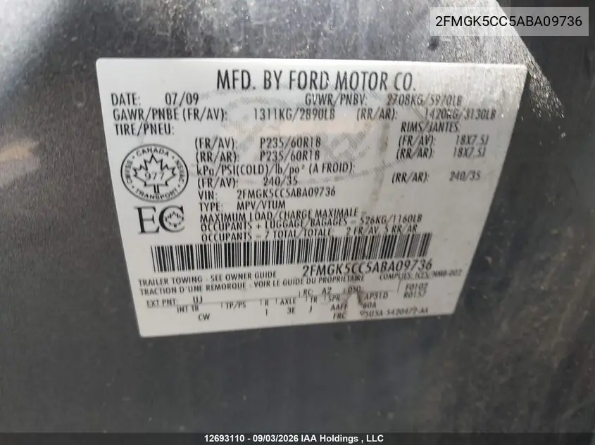 2010 FORD FLEX VIN 2FMGK5CC5ABA09736 — фото 19