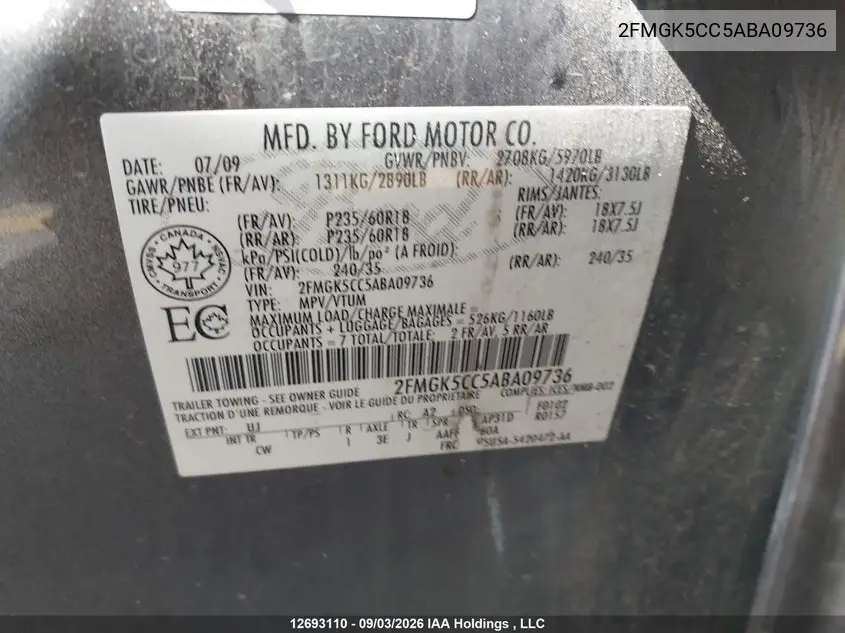 2010 FORD FLEX VIN 2FMGK5CC5ABA09736 — фото 9