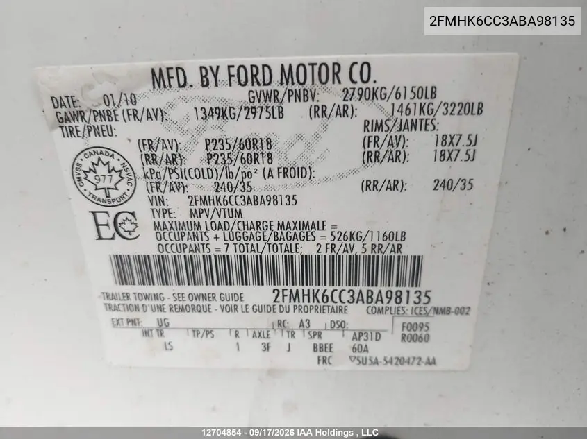 2010 FORD FLEX VIN 2FMHK6CC3ABA98135 — фото 9