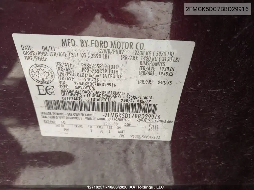 2011 FORD FLEX VIN 2FMGK5DC7BBD29916 — фото 9