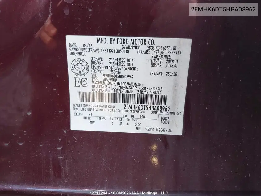 2017 FORD FLEX VIN 2FMHK6DT5HBA08962 — фото 9