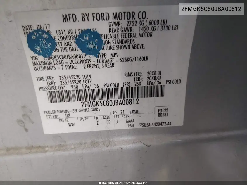 2018 FORD FLEX VIN 2FMGK5C80JBA00812 — фото 9