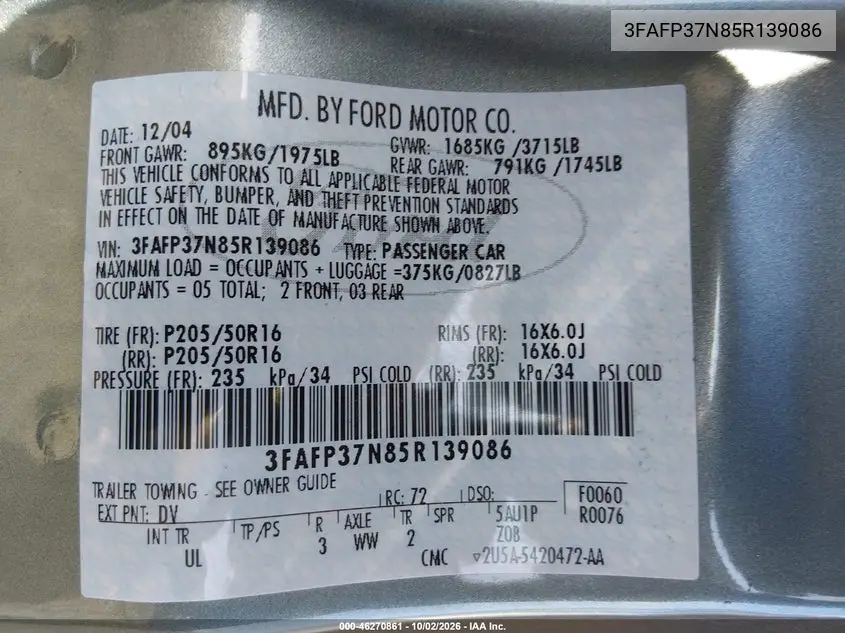 2005 FORD FOCUS VIN 3FAFP37N85R139086 — фото 9