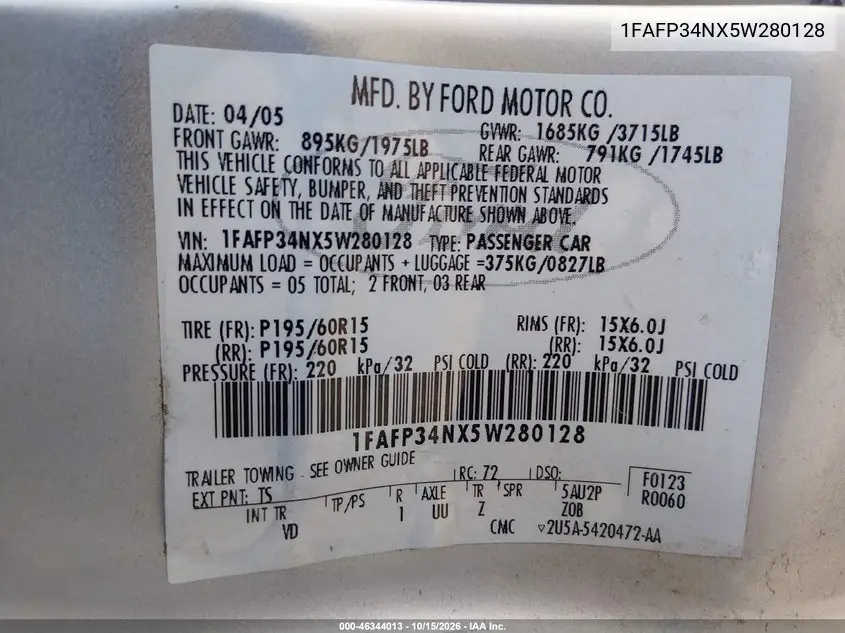 2005 FORD FOCUS VIN 1FAFP34NX5W280128 — фото 9