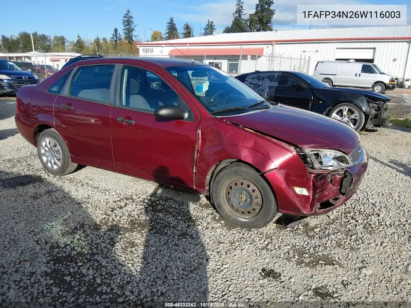 FORD FOCUS 2006, VIN 1FAFP34N26W116003