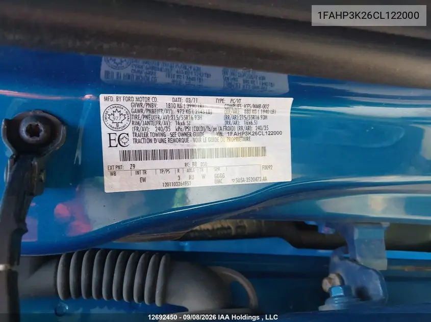 2012 FORD FOCUS VIN 1FAHP3K26CL122000 — фото 18