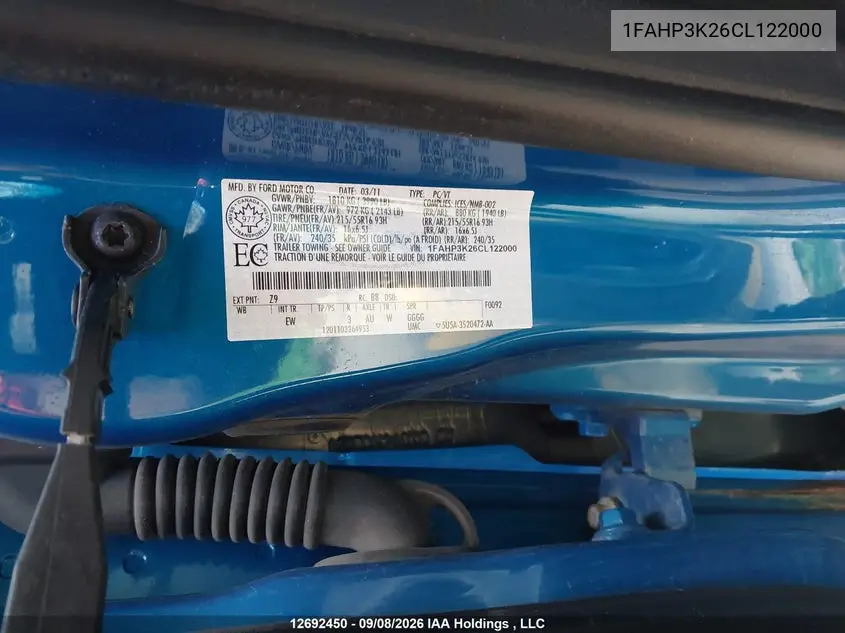 2012 FORD FOCUS VIN 1FAHP3K26CL122000 — фото 9